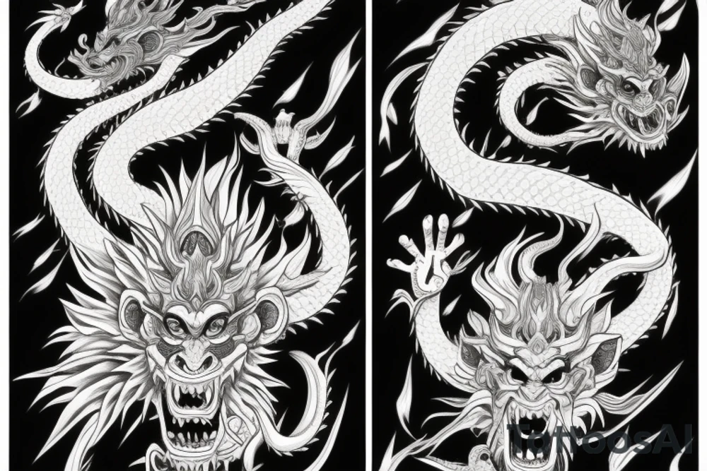 black and grey left face monkey king right face dragon merged tattoo idea