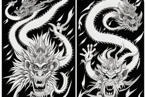 black and grey left face monkey king right face dragon merged tattoo idea