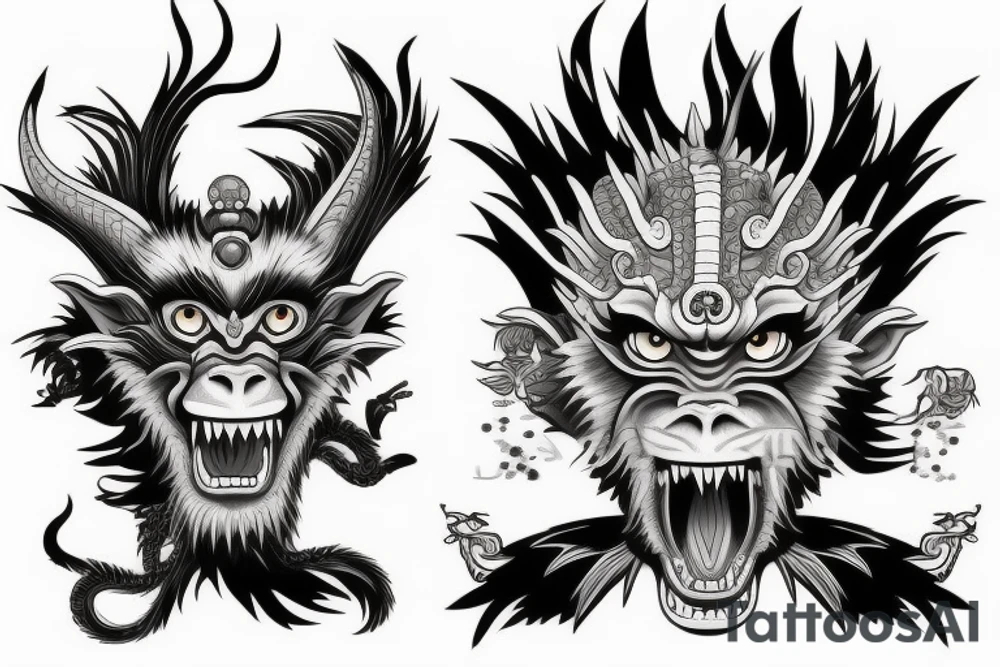 black and grey left-face monkey king right-face dragon tattoo idea