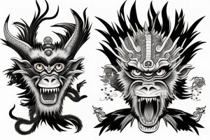 black and grey left-face monkey king right-face dragon tattoo idea