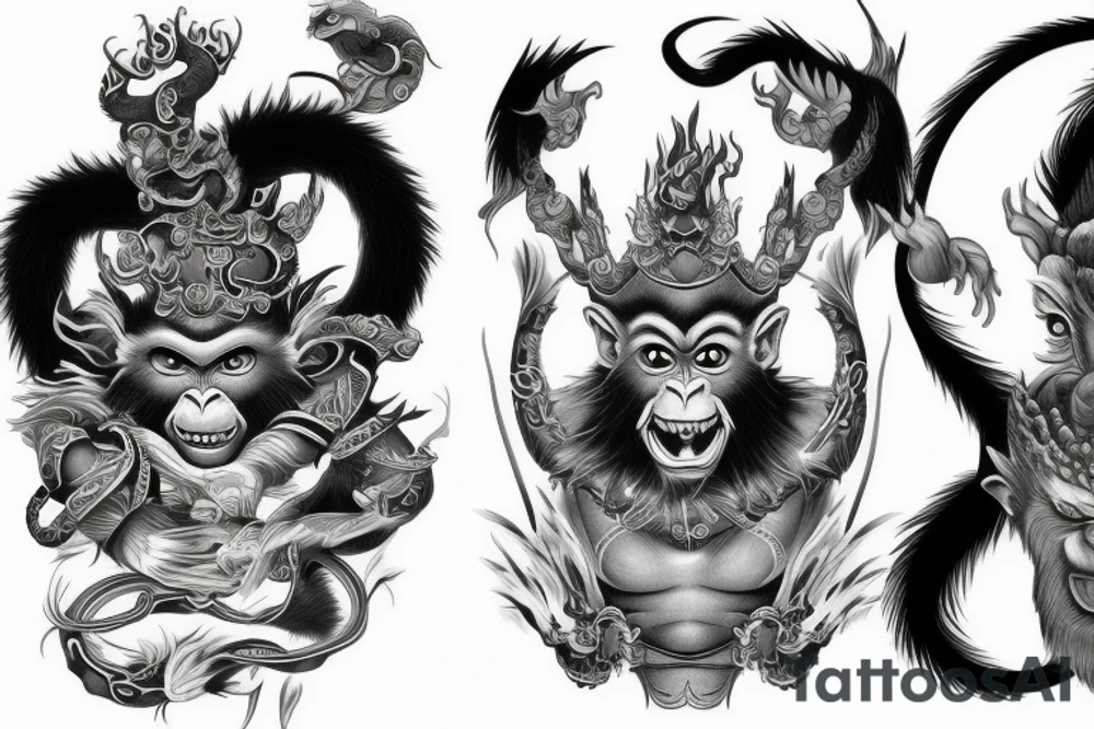 black and grey left-face monkey king right-face dragon tattoo idea