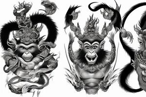 black and grey left-face monkey king right-face dragon tattoo idea