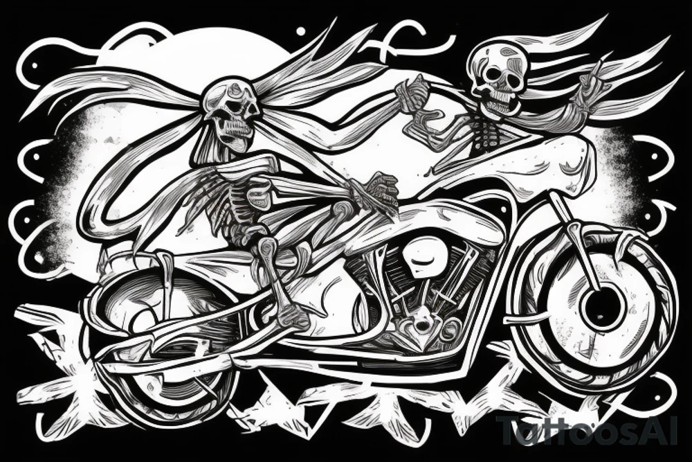 a skeleton riding a motorcycle doing the horns with the hand and saying long live rock n roll tattoo idea