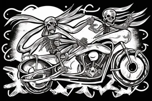 a skeleton riding a motorcycle doing the horns with the hand and saying long live rock n roll tattoo idea