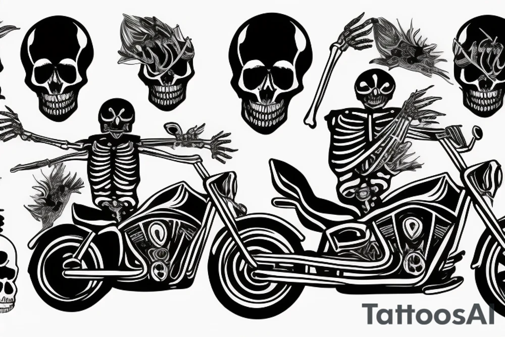 a skeleton riding a motorcycle doing the horns with the hand and saying long live rock n roll tattoo idea