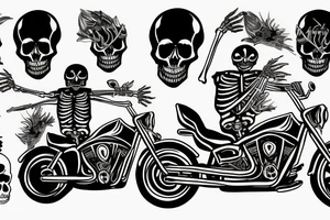 a skeleton riding a motorcycle doing the horns with the hand and saying long live rock n roll tattoo idea
