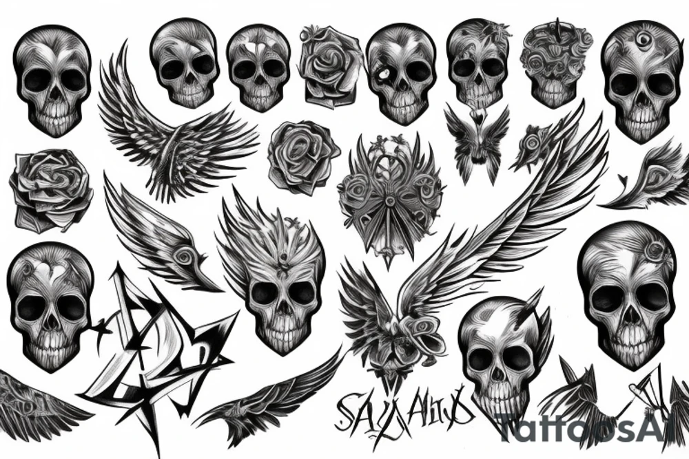 angel, skull, sward, wing, power, empathy tattoo idea