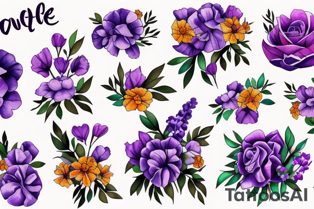 Bouquet of marigold, violet and sweet pea flowers tattoo idea
