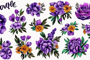 Bouquet of marigold, violet and sweet pea flowers tattoo idea
