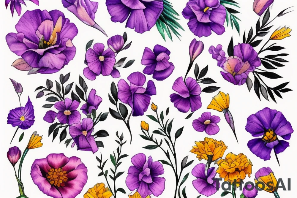 Bouquet of marigold, violet and sweet pea flowers tattoo idea