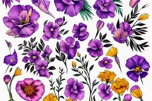 Bouquet of marigold, violet and sweet pea flowers tattoo idea