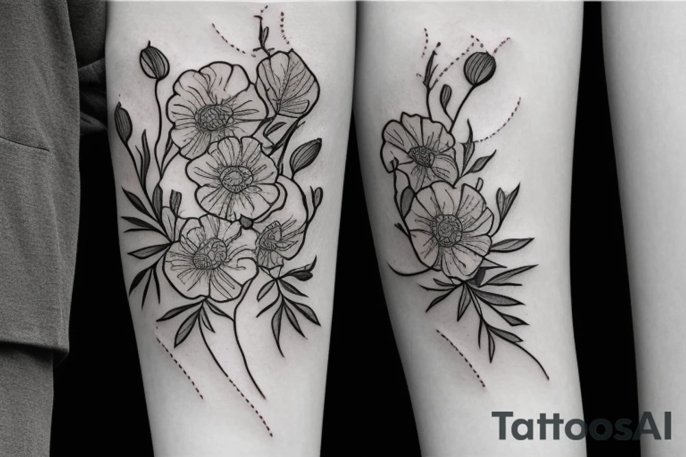 Bouquet of marigold, violet and sweet pea flowers tattoo idea