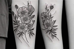 Bouquet of marigold, violet and sweet pea flowers tattoo idea