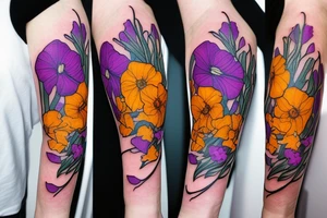 Bouquet of marigold, violet and sweet pea flowers tattoo idea