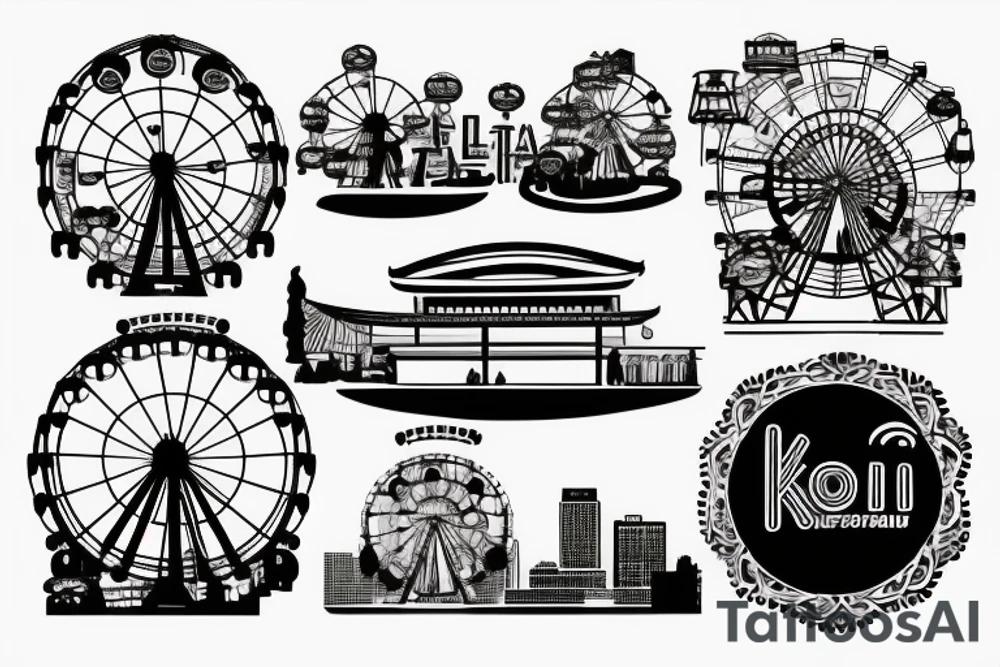 Koi fish with chicago theatre sign and Ferris wheel in the background tattoo idea