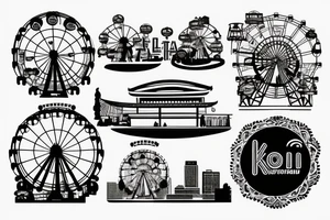 Koi fish with chicago theatre sign and Ferris wheel in the background tattoo idea