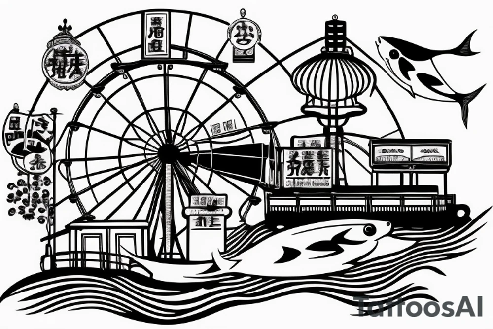 Koi fish with chicago theatre sign and Ferris wheel in the background tattoo idea