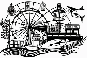 Koi fish with chicago theatre sign and Ferris wheel in the background tattoo idea