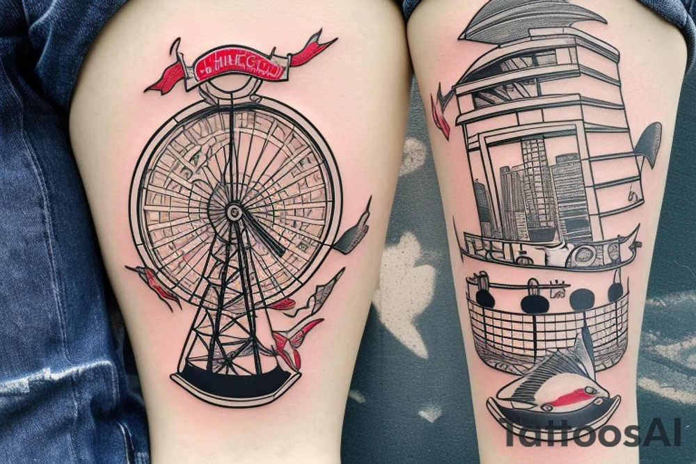 Koi fish with chicago theatre sign and Ferris wheel in the background tattoo idea