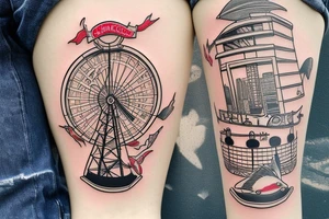 Koi fish with chicago theatre sign and Ferris wheel in the background tattoo idea