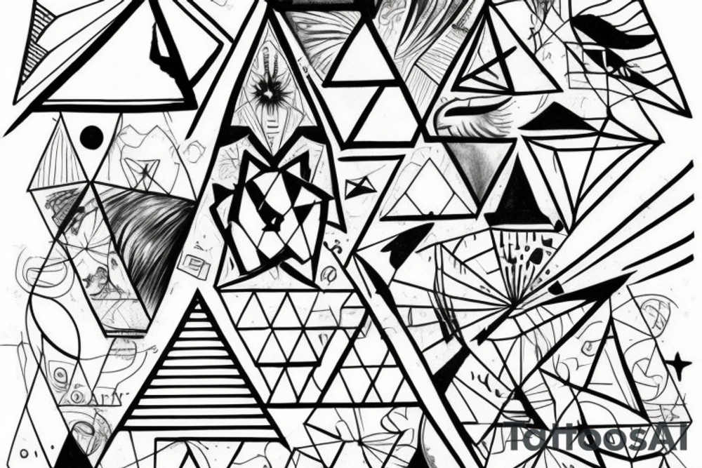 2 triangles rectagles 1 upside down along side the other revealing a wall destroyed by a rainbow created by a light beam witch was devided by a prism tattoo idea