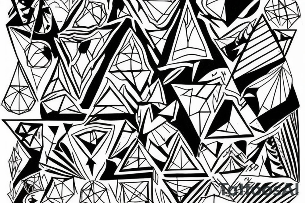 2 triangles rectagles 1 upside down along side the other revealing a wall destroyed by a rainbow created by a light beam witch was devided by a prism tattoo idea