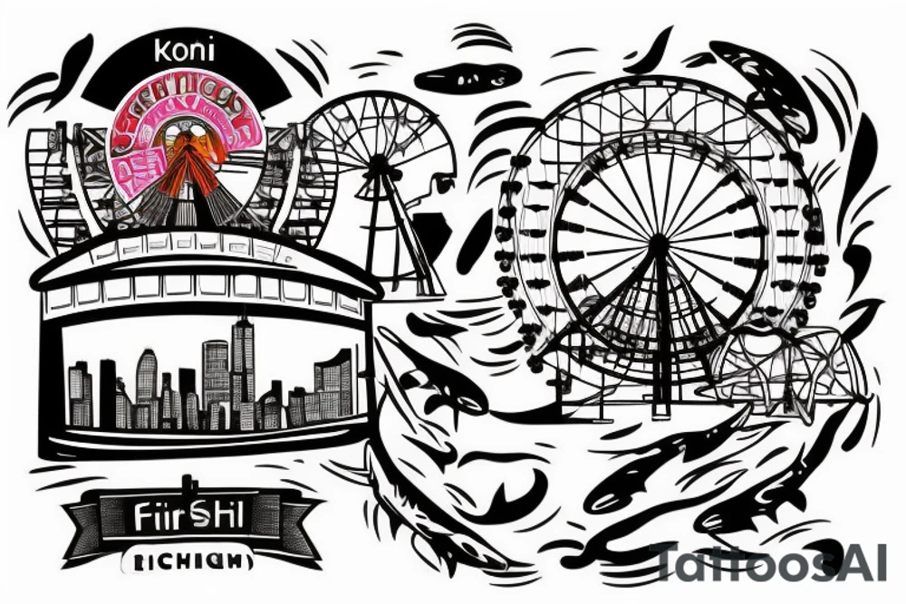 Koi fish with chicago theatre sign and Ferris wheel in the background tattoo idea