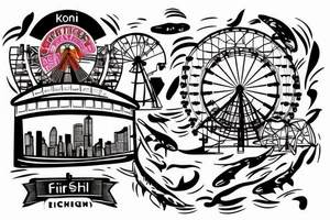 Koi fish with chicago theatre sign and Ferris wheel in the background tattoo idea