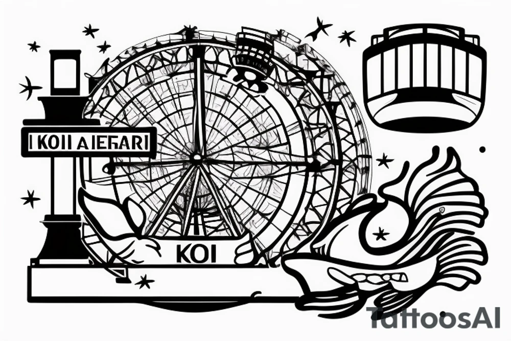 Koi fish with chicago theatre sign and Ferris wheel in the background tattoo idea
