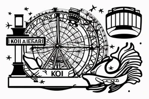 Koi fish with chicago theatre sign and Ferris wheel in the background tattoo idea