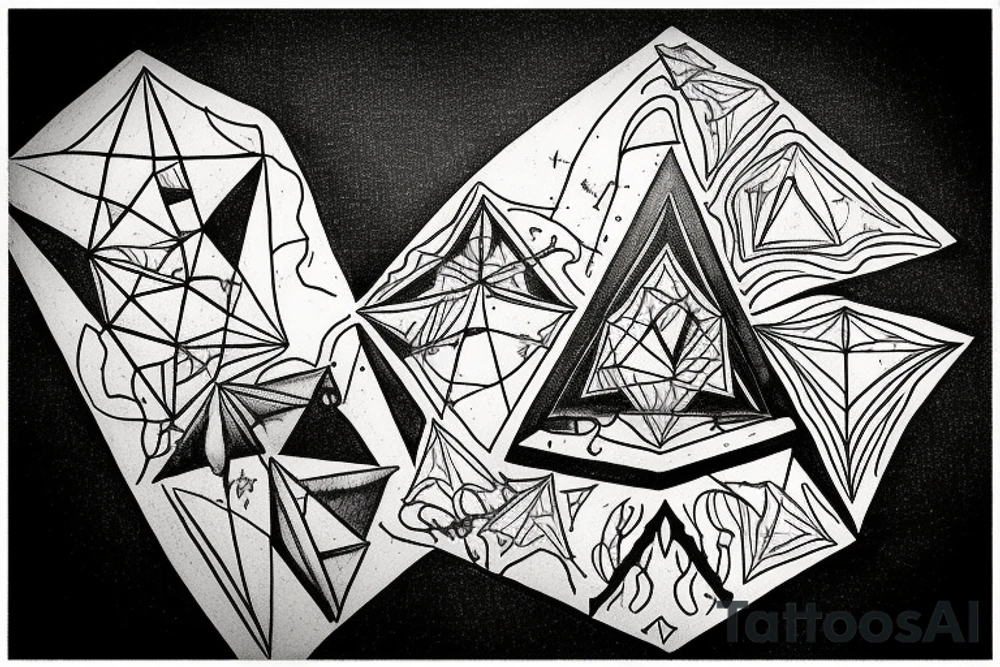 2 triangles rectagles 1 upside down along side the other revealing a wall destroyed by a rainbow witch was created by a light beam witch was devided by a prism tattoo idea