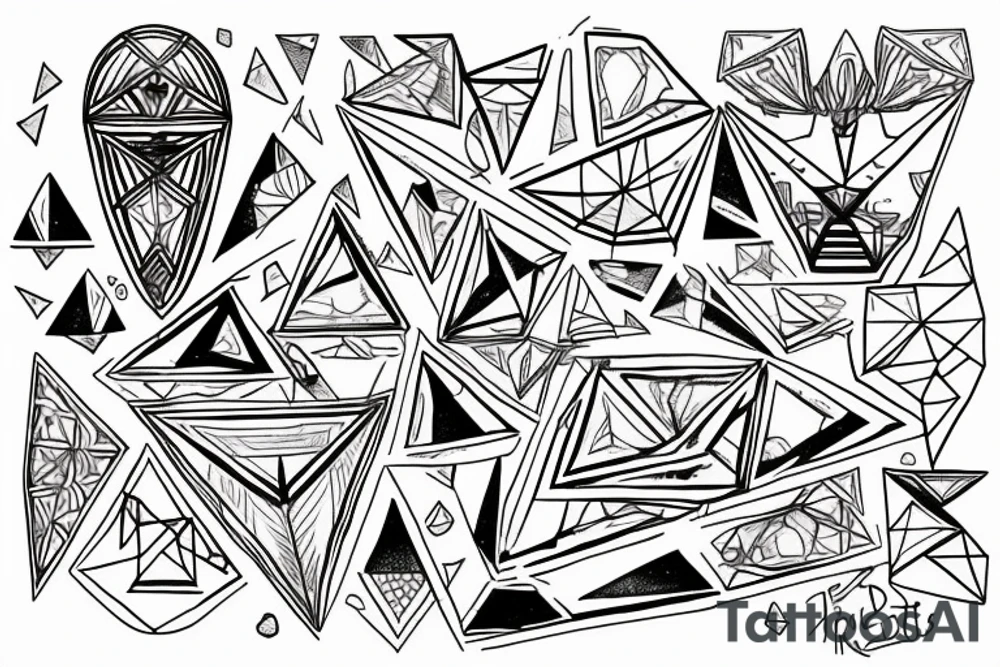 2 triangles rectagles 1 upside down along side the other revealing a wall destroyed by a rainbow witch was created by a light beam witch was devided by a prism tattoo idea