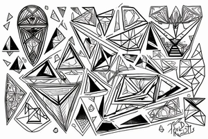 2 triangles rectagles 1 upside down along side the other revealing a wall destroyed by a rainbow witch was created by a light beam witch was devided by a prism tattoo idea
