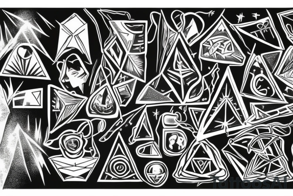 2 triangles rectagles 1 upside down along side the other revealing inside it a wall destroyed by a rainbow witch was created by a light beam witch was devided by a prism tattoo idea