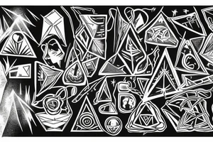 2 triangles rectagles 1 upside down along side the other revealing inside it a wall destroyed by a rainbow witch was created by a light beam witch was devided by a prism tattoo idea