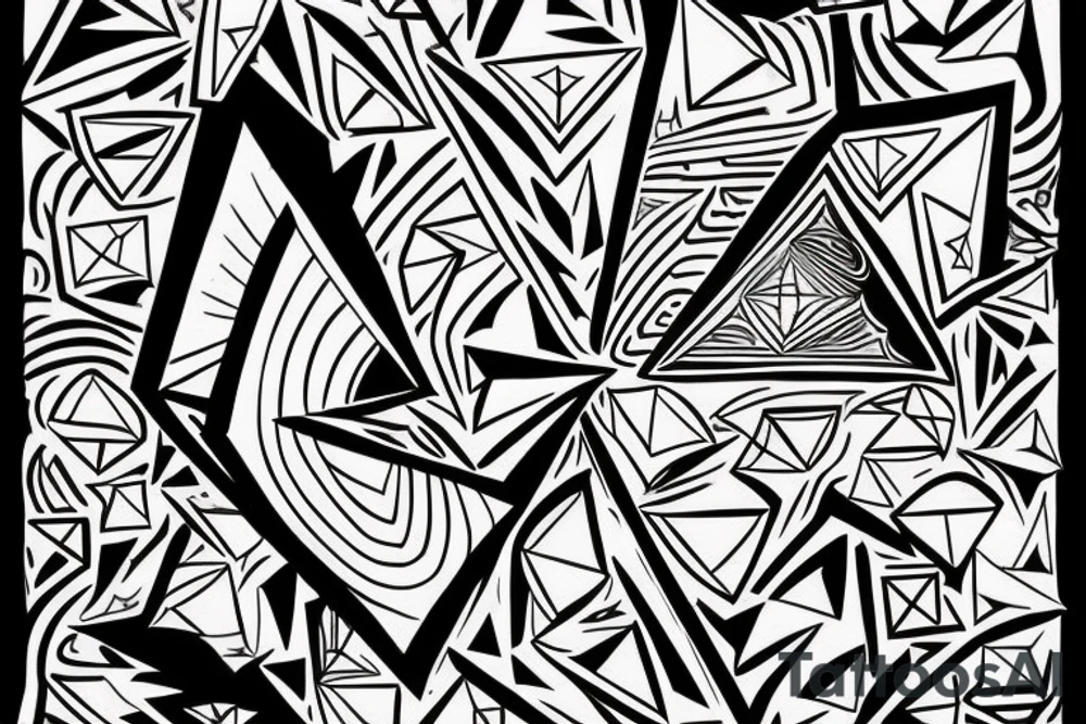 2 triangles rectagles 1 upside down along side the other revealing inside it a wall destroyed by a rainbow witch was created by a light beam witch was devided by a prism tattoo idea