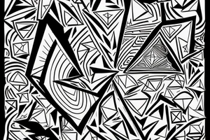 2 triangles rectagles 1 upside down along side the other revealing inside it a wall destroyed by a rainbow witch was created by a light beam witch was devided by a prism tattoo idea