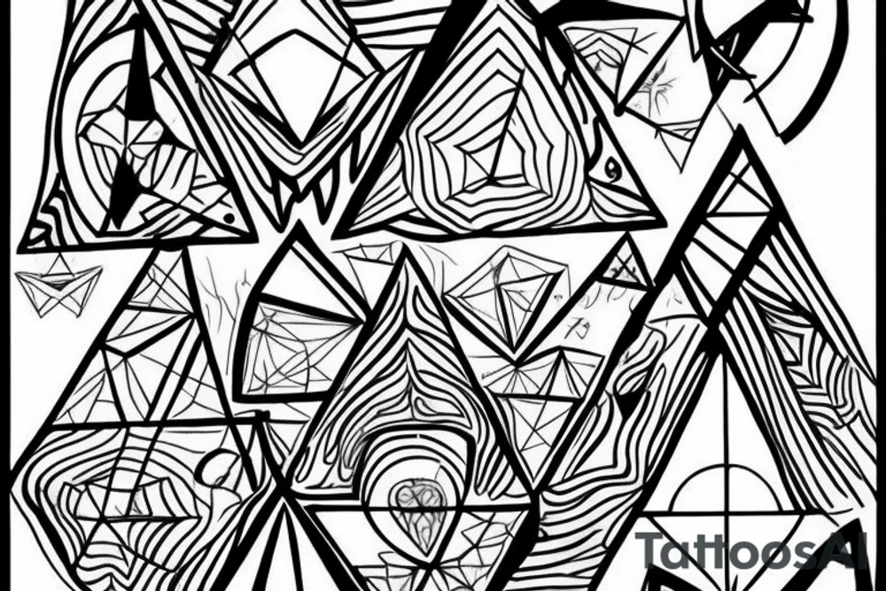 two triangles rectagles one upside down along side the other revealing inside it a wall destroyed by a rainbow witch was created by a light beam witch was devided by a prism tattoo idea