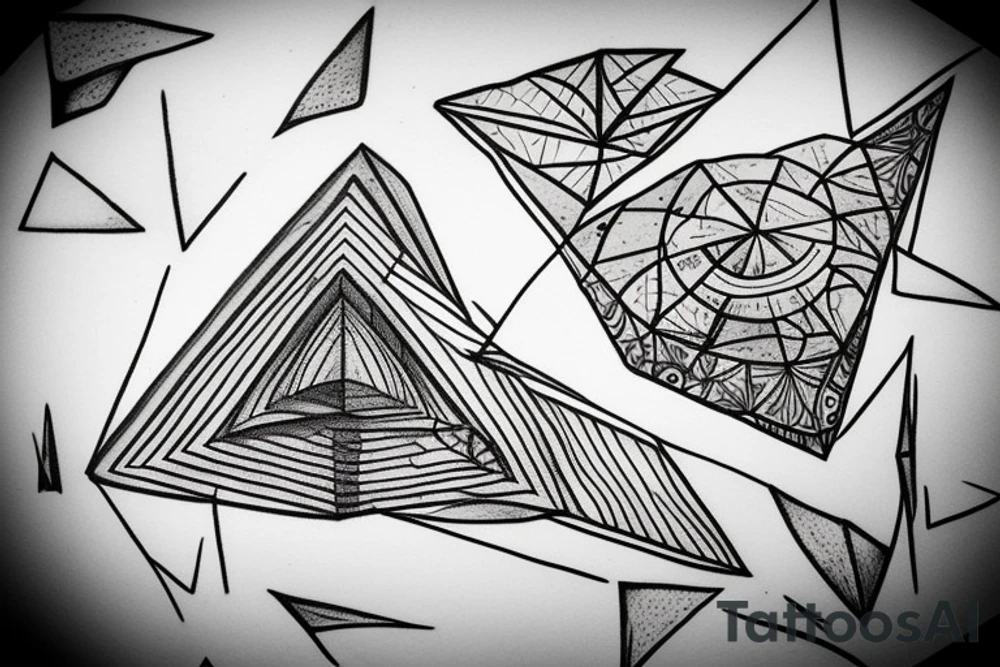 two triangles rectagles one upside down along side the other revealing inside it a wall destroyed by a rainbow witch was created by a light beam witch was devided by a prism tattoo idea