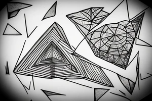 two triangles rectagles one upside down along side the other revealing inside it a wall destroyed by a rainbow witch was created by a light beam witch was devided by a prism tattoo idea