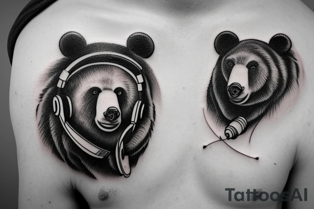 Bear with headphones playing turntable tattoo idea