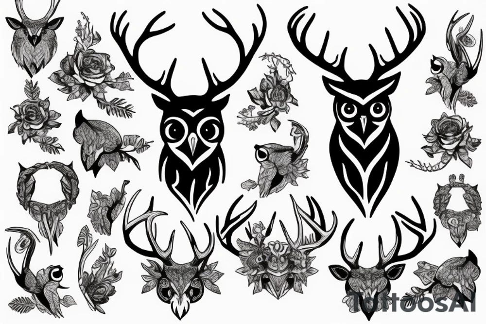 stag with owl on antlers tattoo idea