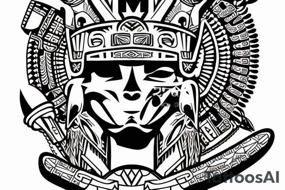 Aztec warrior with chicago background add comiskey park, soldier field, little village arch, cloud gate tattoo idea
