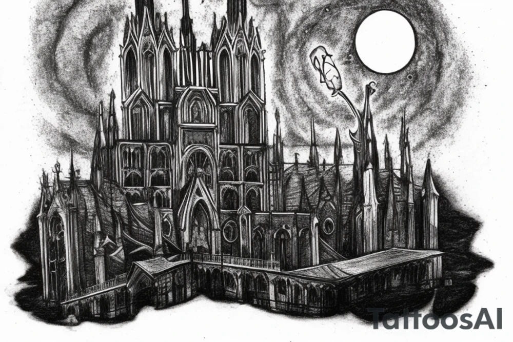 bloodborne amygdala on top of a cathedral during a full moon night tattoo idea