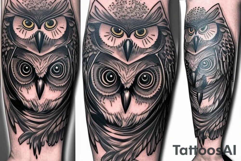 crazy looking owl half sleeve tattoo idea