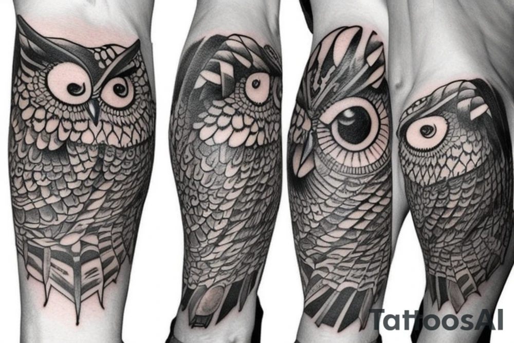 crazy looking owl half sleeve tattoo idea