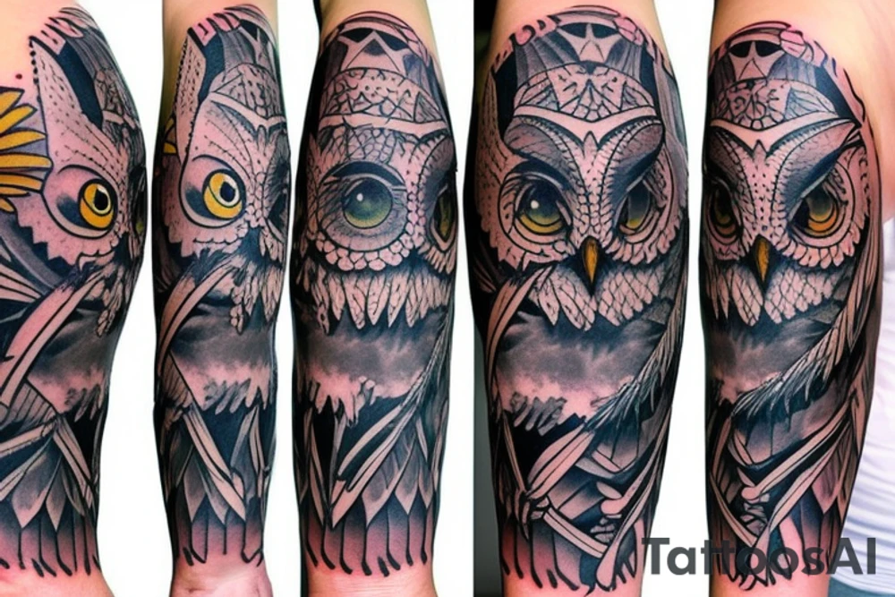 crazy looking owl half sleeve tattoo idea