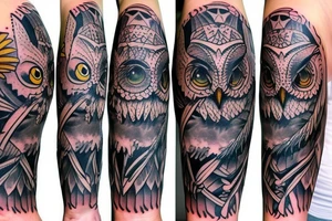 crazy looking owl half sleeve tattoo idea