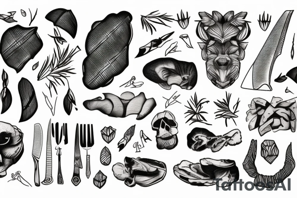lines that form an X with a cleaver, a rib eye, a sprig of rosemary and a wild animal tattoo idea