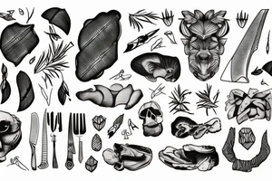 lines that form an X with a cleaver, a rib eye, a sprig of rosemary and a wild animal tattoo idea